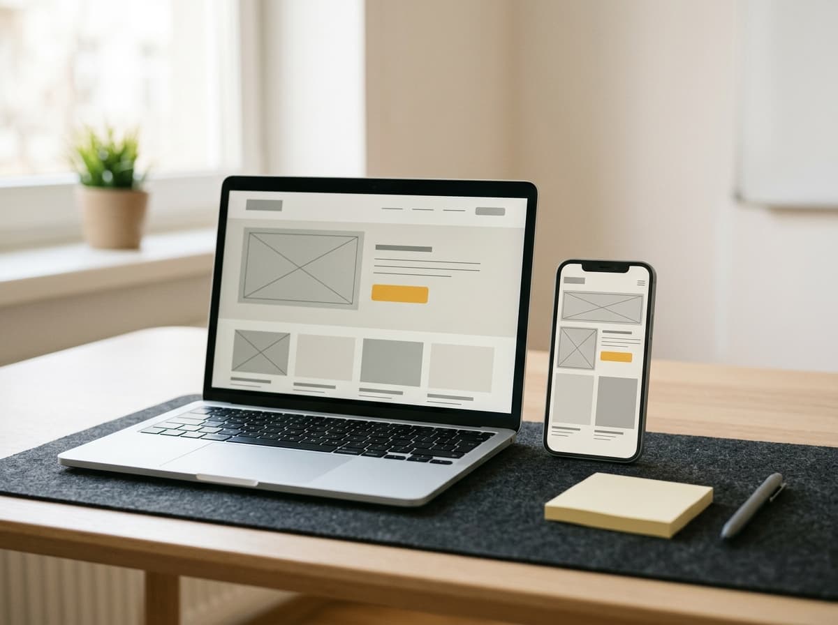Aynı web sayfasının tasarımını gösteren bir dizüstü bilgisayar ve akıllı telefon.