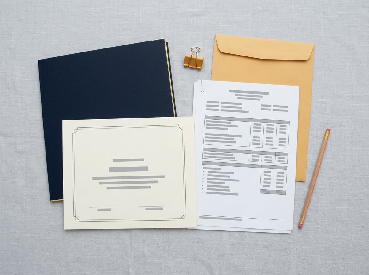 Gri kumaş zemin üzerinde lacivert diploma kabı, çerçeveli diploma sayfası, tablo düzeninde not dökümü, zarf, kıskaç ve kurşun kalem