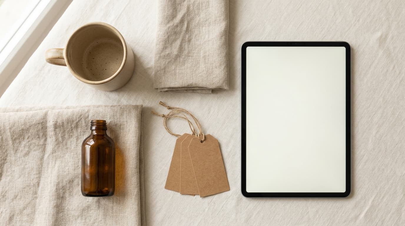 Katalog çekimi için hazırlanmış markasız ürünler ve ekranı boş olan bir tablet bilgisayar.