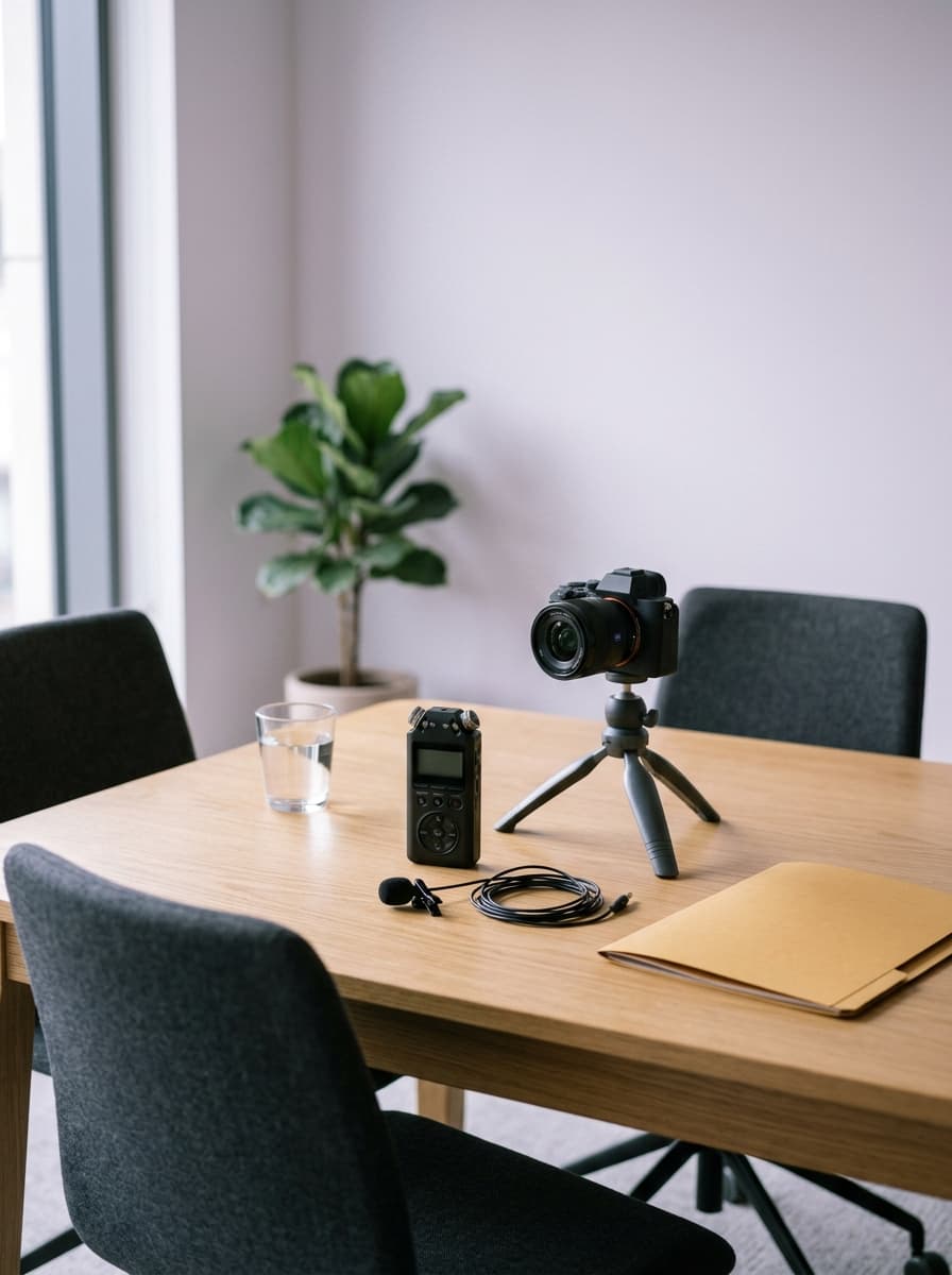 Toplantı masasında ses kayıt cihazı, tripod üzerinde kamera ve yaka mikrofonu