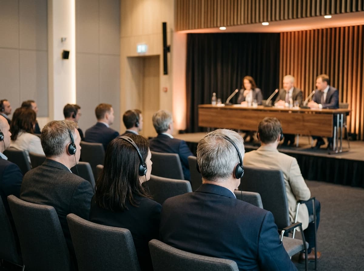 Ön planda kulaklık takan katılımcıların ve arka planda panel masasının bulunduğu oturum salonu.