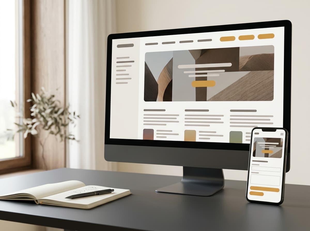 Masa üzerinde yan yana duran masaüstü monitör ve akıllı telefonda aynı web sayfasının soyut yerleşim planı yer alıyor.